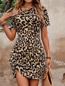 Plus Size Leopard Print Off-Shoulder Knot Split Short Sleeve Dress, Elegant Slim Fit Casual Bodycon Skirt, European Style, Casual Wear