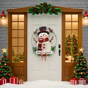 1 festive metal snowman welcome sign, a decorative item for holiday walls adorned with holly. It is perfect for decorating your living room, bedroom, or entranceway for Christmas and New Year celebrations a truly excellent Christmas ornament.