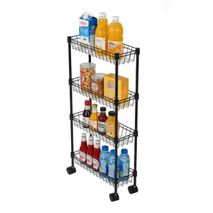 Slim 4-Tier Metal Rolling Cart, Space-Saving Utility Organizer with Wheels, Sturdy Steel Storage Trolley for Office, Kitchen & Bathroom, Black
