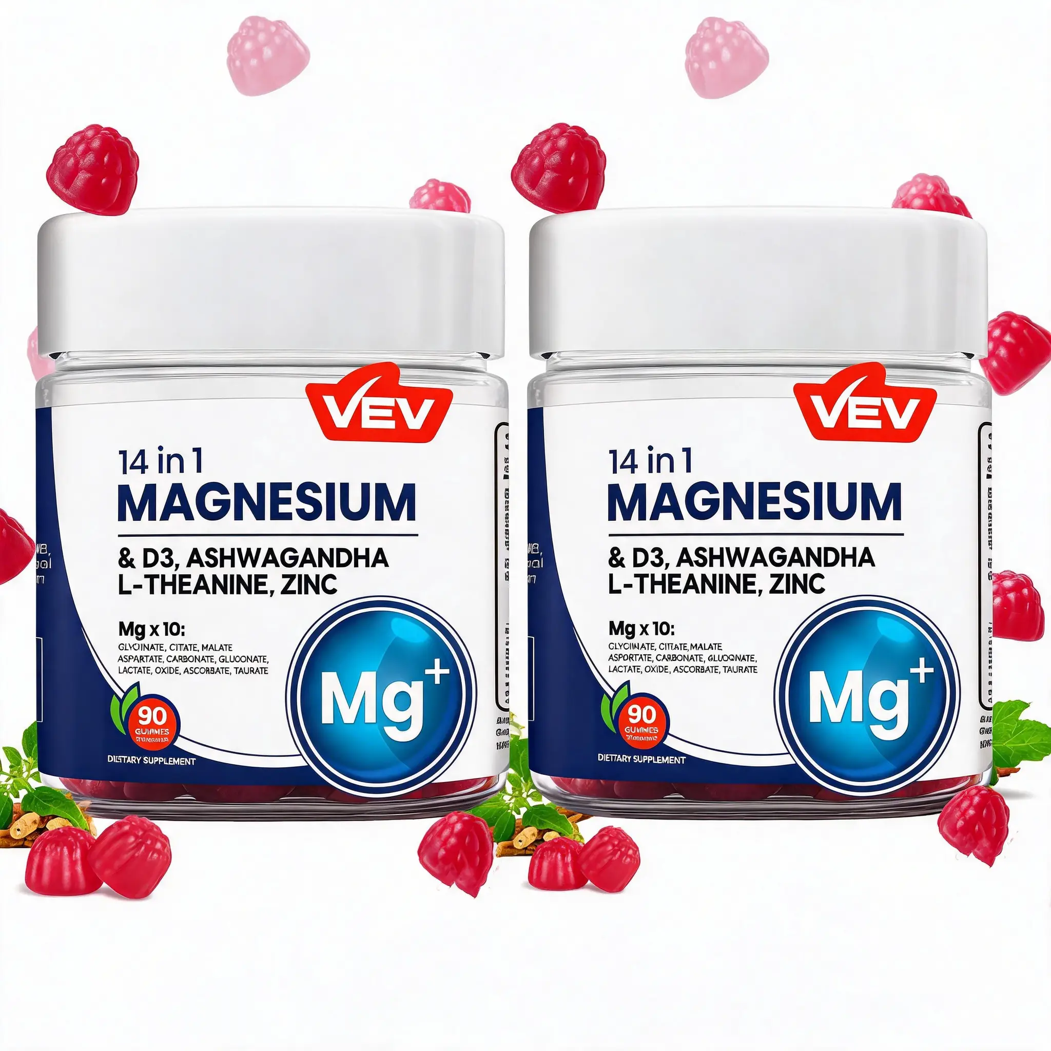 VEV 14-in-1 Magnesium Gummies Complex – Ashwagandha, L-Theanine, D3 & Zinc – 90-Count, Sugar-Free