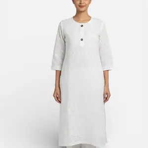 White Tops in Chikankari Dress - Elegant Long Sleeve Button Front Design for Women Fitted