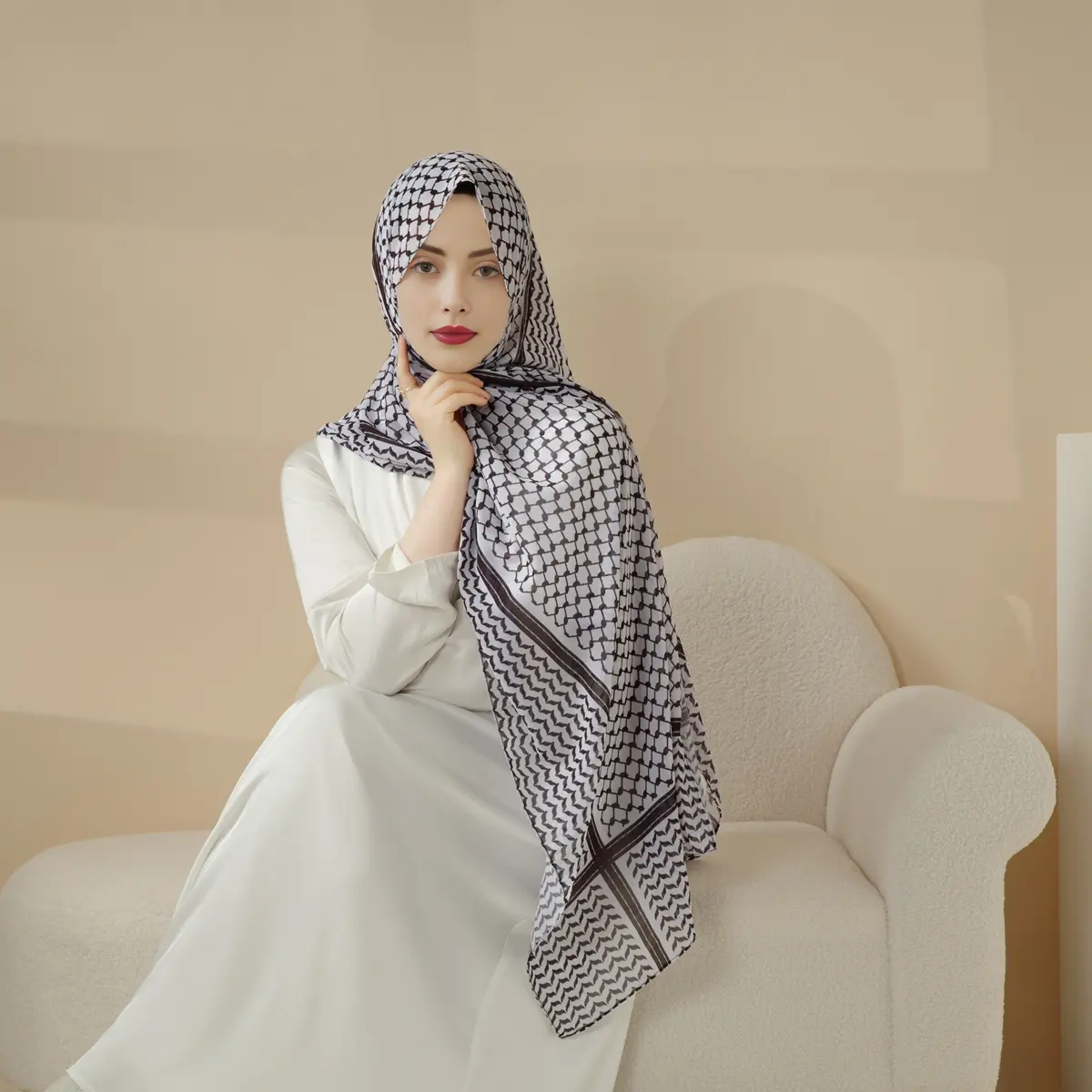 Keffiyeh Chiffon Hijab Scarf -- Green, Black, Brown and Red (MH045) head scarf cover yns palestine casual trendy classic palestinian long scarf solid color scarves