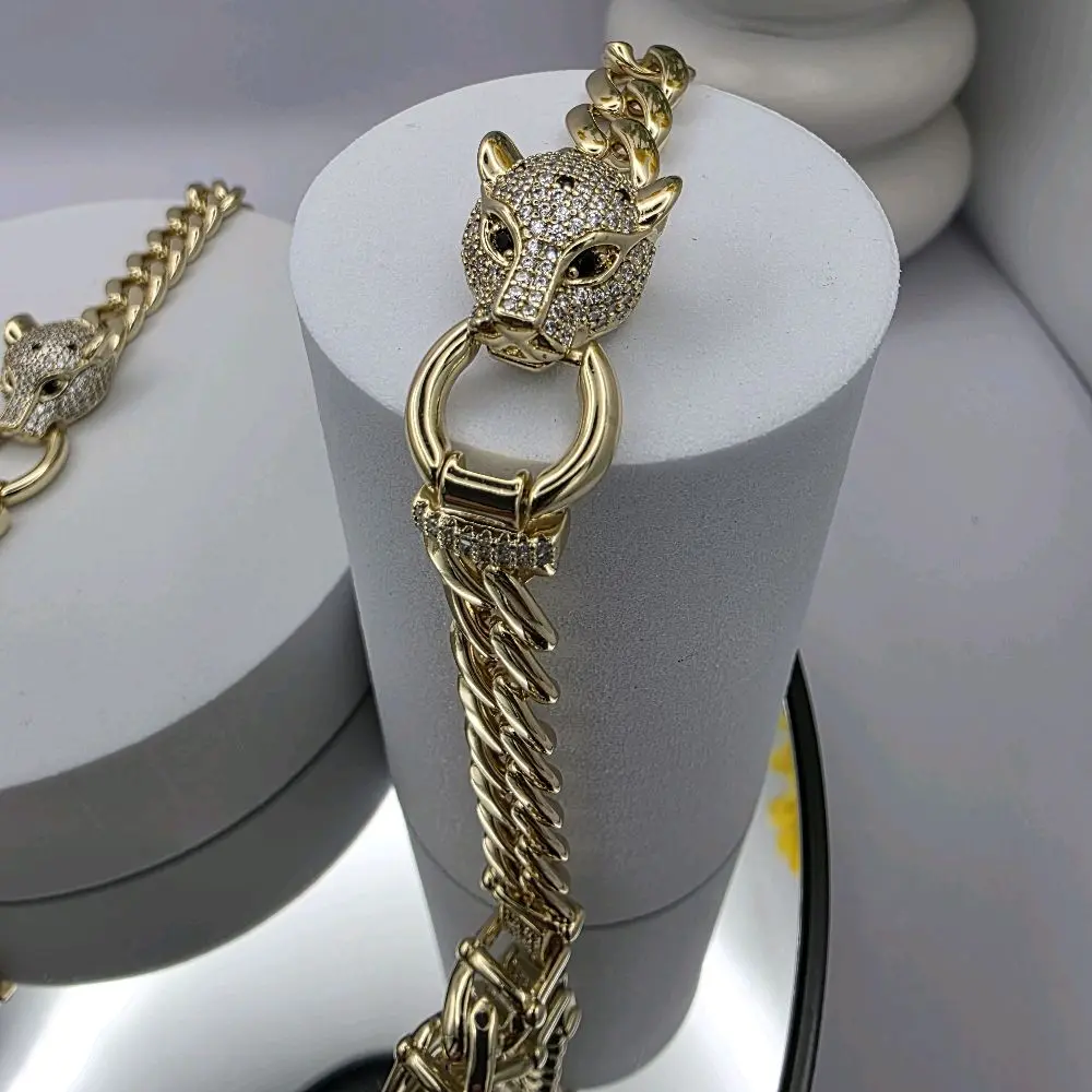 14k Gold Plated High-Quality Cubano Bracelet with Diamond-Accented Panther Design size # 7