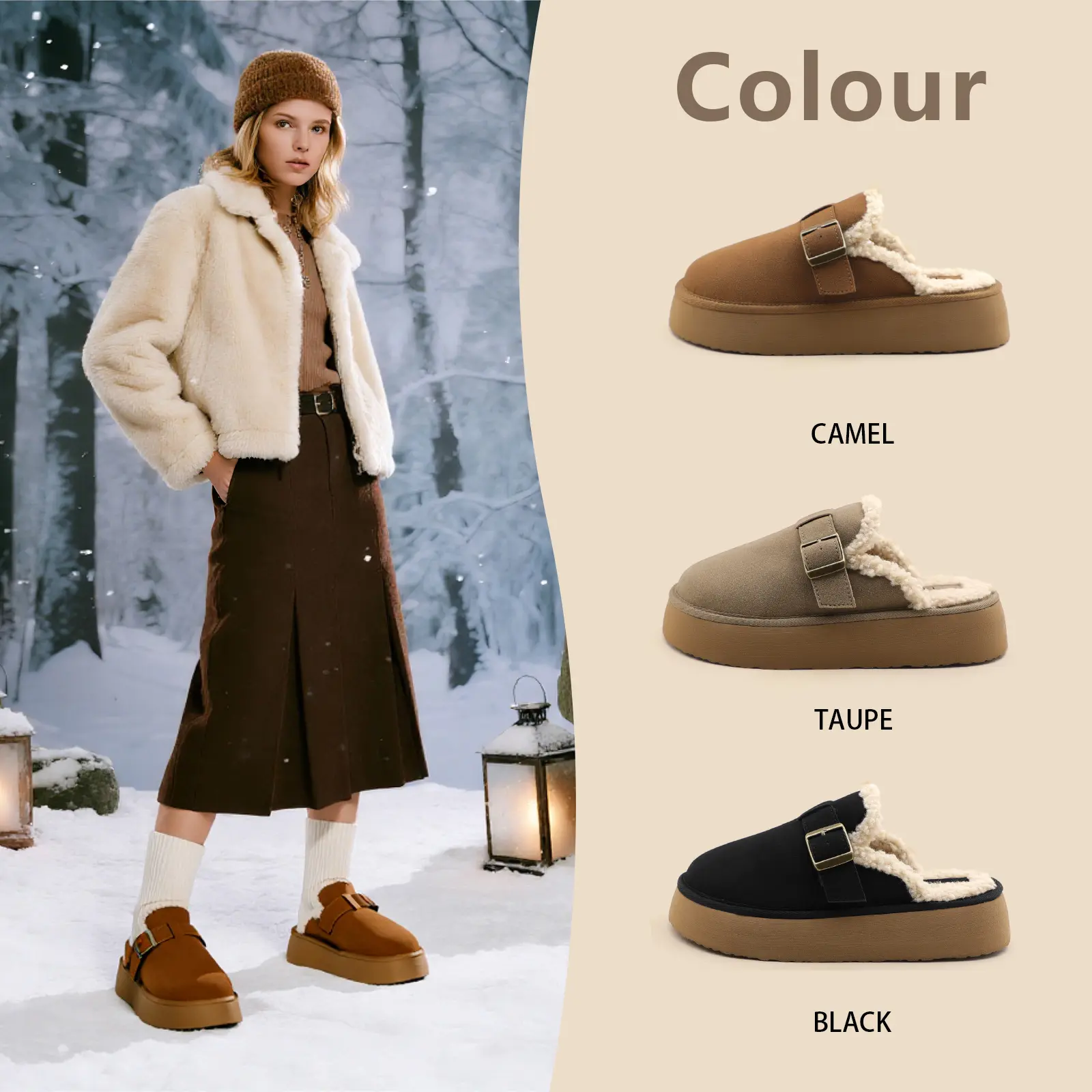 Chestnut Faux Suede Fleece Lined Platform Mule Clogs for Women, Single Metal Buckle Slip On Backless Warm Winter Slippers, Indoor Outdoor Casual Loungewear Comfort Footwear pls size Women's Checkered Plush Slippers Fluffy Anti-Slip Cotton Slippers design