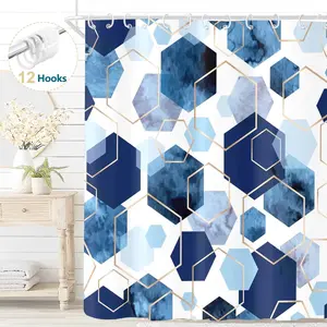 Blue Geometric Fabric Shower Curtain, Modern Abstract Bathroom Curtain with Hooks, 72" x 72"