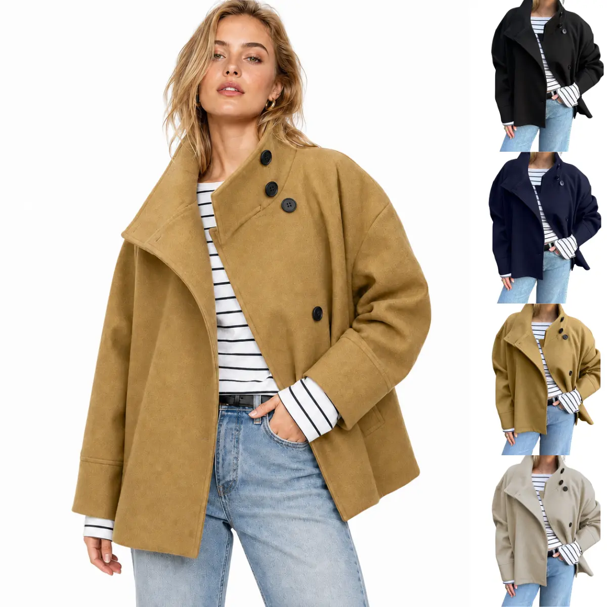 SCUSTY Women's Cropped Wool Blend Pea Coat Autumn Winter Loose Casual Stand Collar Short Overcoat Jacket