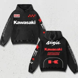 Retro Red Kawasaki Ninja Racing Hoodie Washed Black, MotoGP World Championship Enthusiast, Motorcycle Off Road Dirt Bike Graphic Streetwear, Heavyweight Biker Sweatshirt, Retro Moto Gear Motorbike Apparel Men’s Aesthetic Y2K Racing Jacket Style