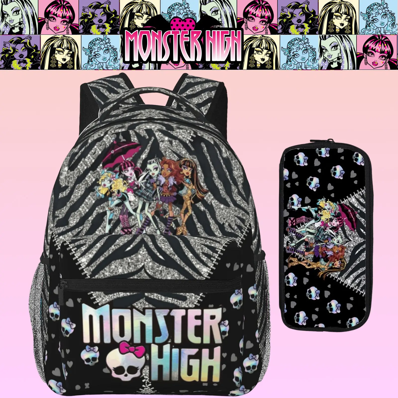 Monster High Female Student Backpack for Girls - Durable Fabric Daypack with Zipper, Printed Pattern, Padded Back & Shoulder Straps, School Look Design for School, Camping