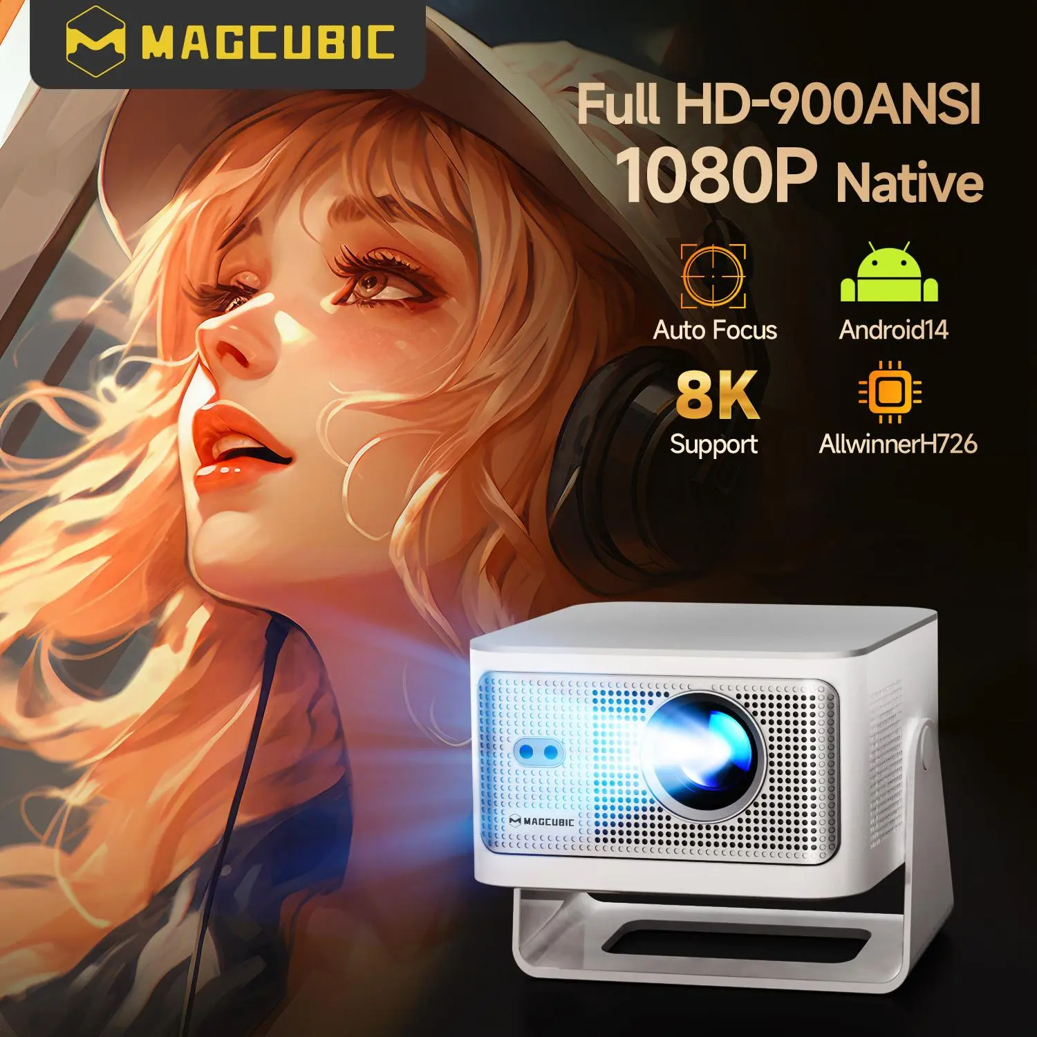 Magcubic HY350MAX Auto Focus 900ANSI Projector 8K Decode Android 14 Allwinner H726 Built-in 15W HiFi Speaker Dual WiFi6 BT5.4 Native 1080P 1.0:1 short Throw Portable Smart Projector For Home Cinema Movie Night #TikTokShopBackToSchool
