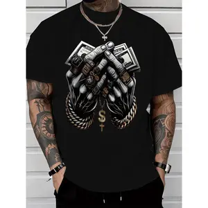 Unisex "Money & Faith" Praying Hands T-Shirt Skeleton Hands With Cash & Cuban Link Design Oversized Soft Cotton Short Sleeve Crew Neck Top Hip-Hop Streetwear Tee