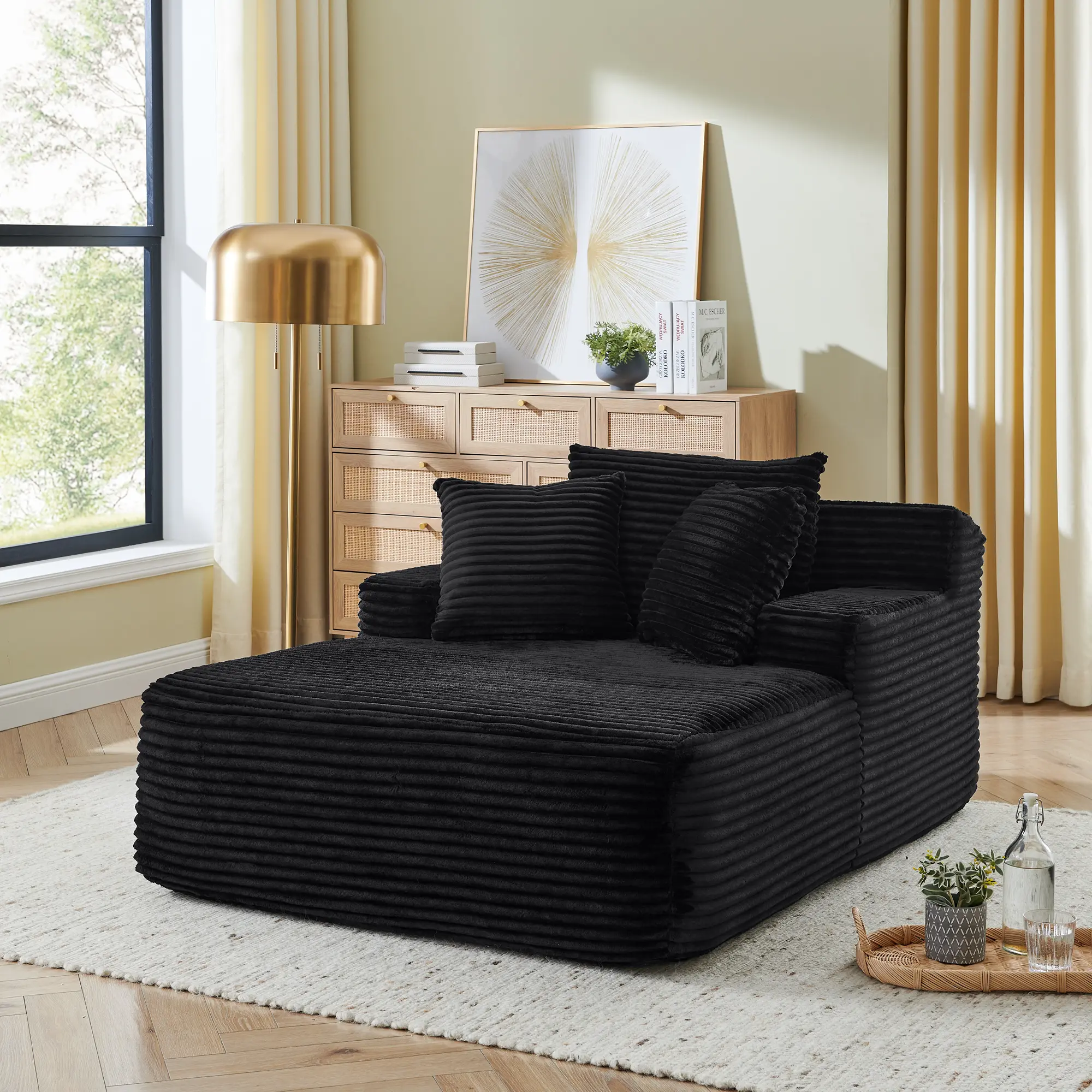 65-Inch Indoor Chaise Lounge Chair - Oversized Corduroy Upholstered Boneless Sofa Bed, Deep Seat Sleeper Reading Couch, Cloud Furniture for Living Room, No Assembly Required, Apartment Furniture (BLACK)