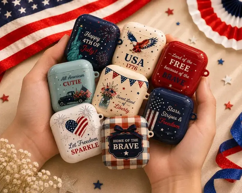 Patriotic 4th of July Case for AirPods Pro 1/2/3/4 - American Flag, Eagle & Freedom Quotes - Durable Protective Cover with Keychain