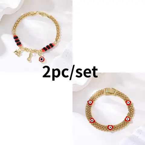 Unisex 2pc Gold-Plated Gold Sports Wristband Set - Boho Style Bracelet with Charms, Devil’s Eye, Baby-Elephant Whimsy, Metal Coating, Unique Holiday Wear Jewelry