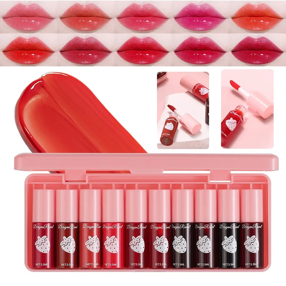 10-Piece Women's Matte Velvet Lip Gloss Set, Long-Lasting Non-Sticky Lipstick, Perfect for Daily Use, Parties, Gifts, Strawberry Gloss, Lip Products