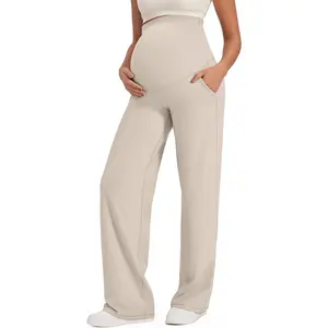 Maternity Pants Over The Belly Yoga Dress Work Pregnancy Pants Stretchy Lounge Wide Leg Trousers with Pockets