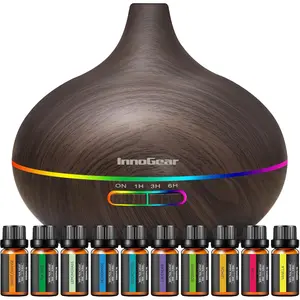 Aromatherapy Diffuser & 10 Essential Oils Set, 400ml Diffuser Ultrasonic Diffuser Cool Mist Humidifier with 4 Timers 7 Colors Light Waterless Auto Off for Large Room Office, Dark Wood Grain