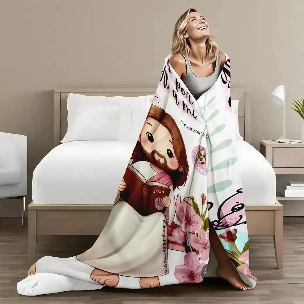 Christian Print Throw Blanket - Cute Cartoon Jesus & Kids Design, Ultra Plush Lightweight, Floral Scripture, Gift for Christmas, Easter, Christian Print Blankets, Floral Christian Scripture Blankets