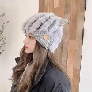 Fashionable and cute cat ears plush light luxury enlarged and lengthened artificial 100% plush knitted hat for winter outdoor warm soft wax plush earmuffs