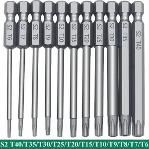 11pcs Precision Star Torx Drill Bit Set - High-strength S2 Alloy Steel, 75mm Length, T6-T40 Sizes, Multi-functional Mechanical Home DIY Tool Kit with Hex Socket, Suitable for Vehicle and Electrical Repair