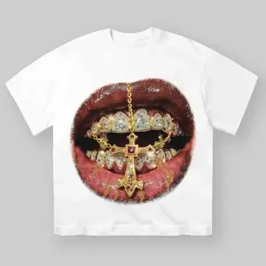 High-Quality Golden Cross Diamond Patch Grills Print Y2k T-shirt, Unisex Cotton Crewneck T-Shirt - Medium, Short Sleeve, Casual Streetwear Printed Tee