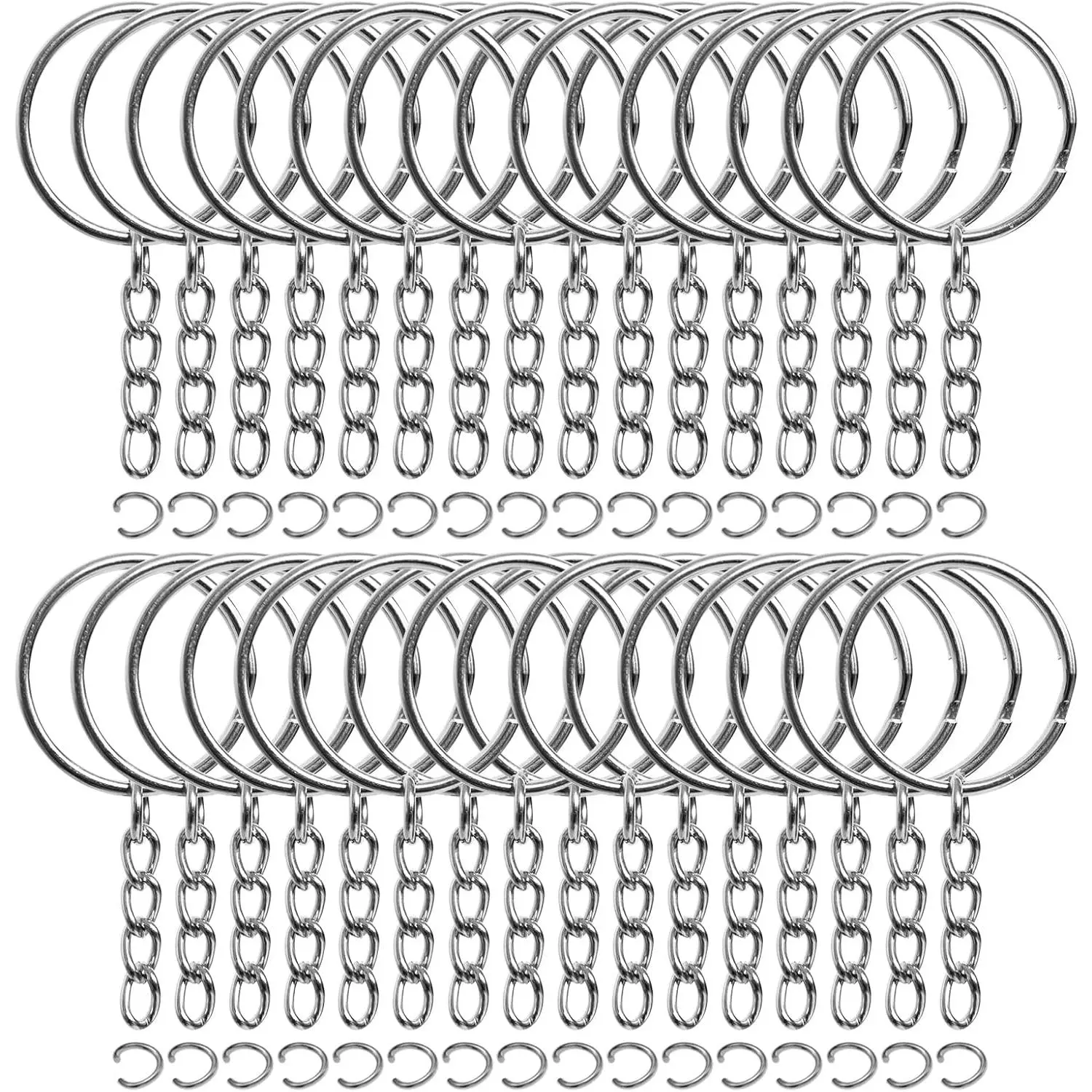 50 count Bulk Keychains Set, Split Keychains Rings with Chain 1 inch, Key Rings, Key Chain Rings, Keychains Ring Parts with Open Jump Ring and Connector.