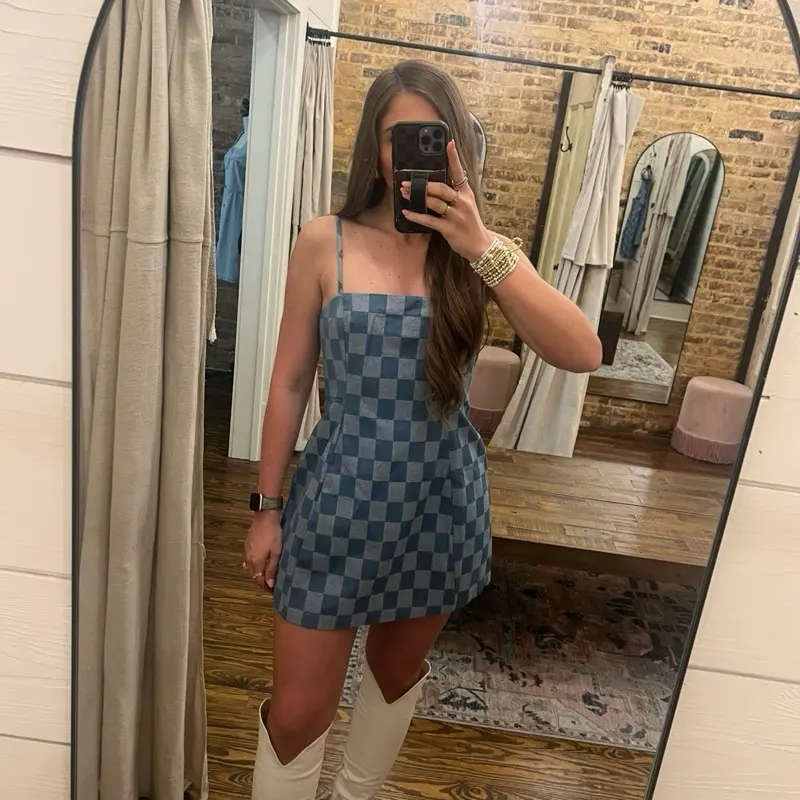 Checkered Denim Dress - Women’s Denim Dress - Women’s Western Wear - Nashville Outfit Inspiration - Country Music Concert Outfit