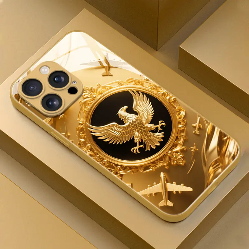A luxurious glass phone case that combines the design of an eagle and airplane, compatible with iPhone 17, 16 Pro Max, 16E, 15 Pro, 14 Plus, 13 Pro Max, 12, and 11 Pro. Fashionable, unique, and eye-catching