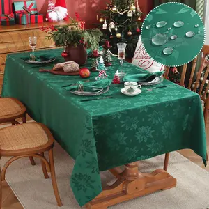 SASTYBALE Christmas Tablecloths Rectangular, Jacquard Xmas Table Cloth with Poinsettia Flowers, Spill Proof Heavy Duty Table Cover for Parties Winter Holiday Decor Ornaments Decoration
