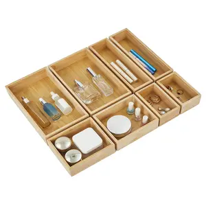 Set 8 Pack Storage Trays for KitchenBamboo Drawer Organizer Set, Expandable Storage Boxes Desk and Bathroom Drawers, Natural Bamboo Drawer Divider Trays