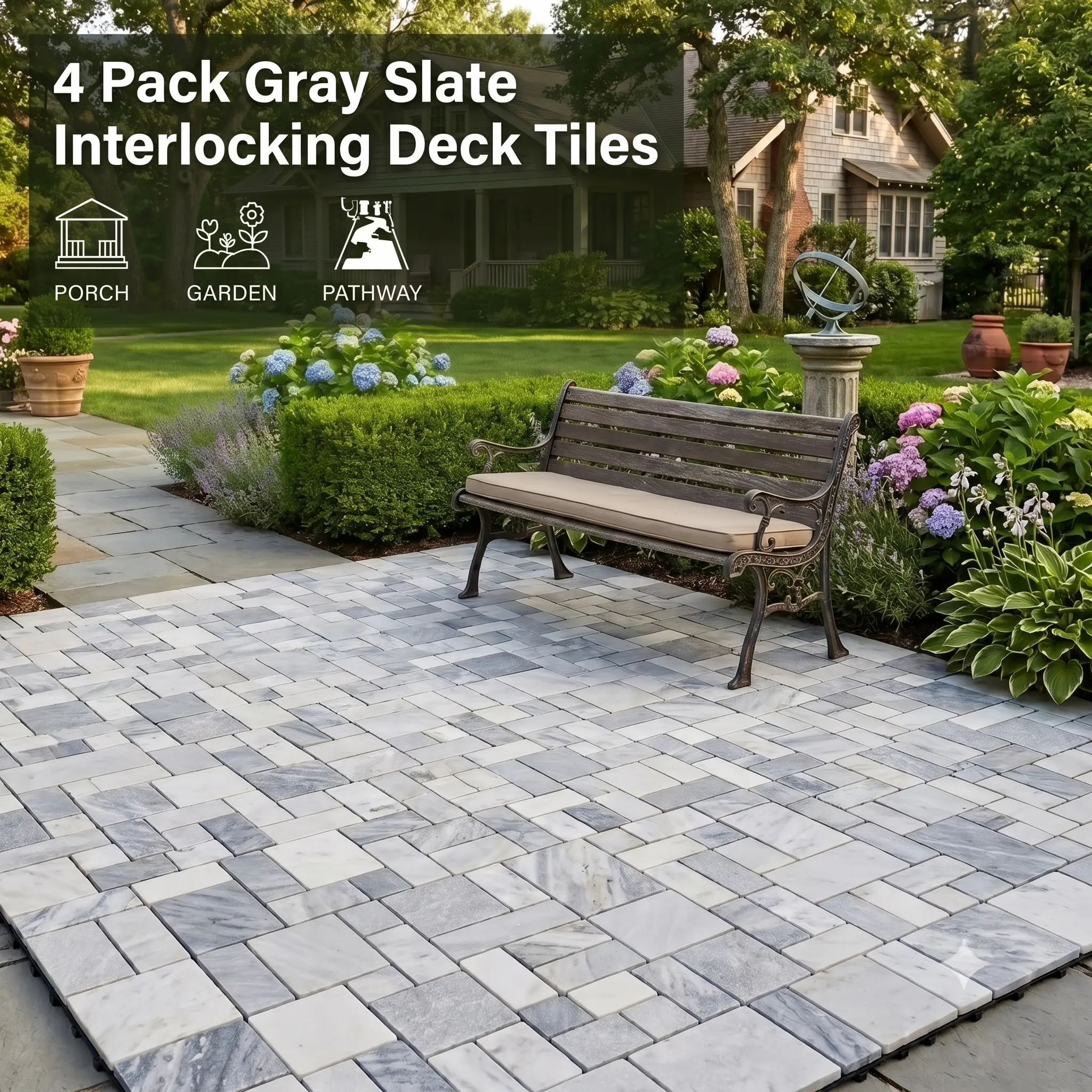 jxgzyy 4PCS Interlocking Deck Tiles, 12"x12" Outdoor Patio Tiles, Waterproof DIY Outdoor Flooring, Natural Marble Floors for Porch, Garden, Pathway, Gray Slate (4 sq. Ft)