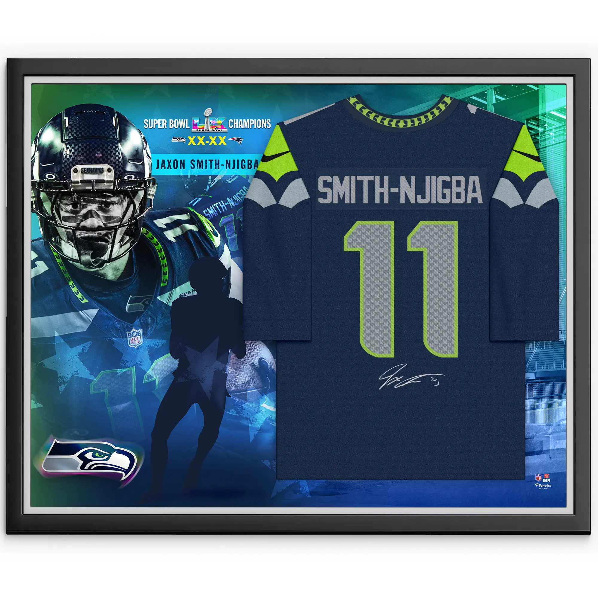 Jaxon Smith-Njigba Seattle Seahawks Super Bowl LX Champions Framed Autographed Nike Super Bowl LX Navy Game Jersey Collage