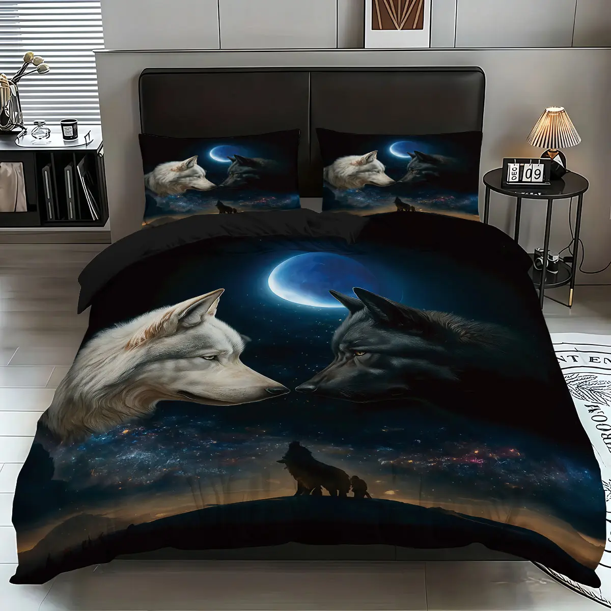 3-piece set (1 quilt cover + 2 pillowcases, coreless), two wolves element printed bedroom quilt cover set under the starry night sky, soft and comfortable bedding set, Decorative bedding set, room decoration, suitable as a gift
