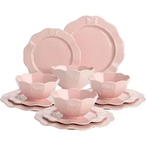 Stylish 12-Piece Ceramic Stoneware Tableware Set, Embossed Bow Design, Service for 4 with Dinner Plates, Salad Plates & Bowls, Microwave & Dishwasher Safe, Pink