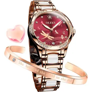 OLEVS Automatic Watches for Women Mechanical Diamond Love Heart Dial Rose Gold Ceramic Band Waterproof Luminous Date Ladies Watches