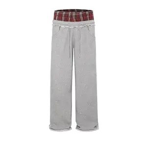 Women's Double Waist Plaid Patchwork Cotton SweatPants Baggy Wide Leg Long Pants with Pockets Fitted Casual Bottoms Plain