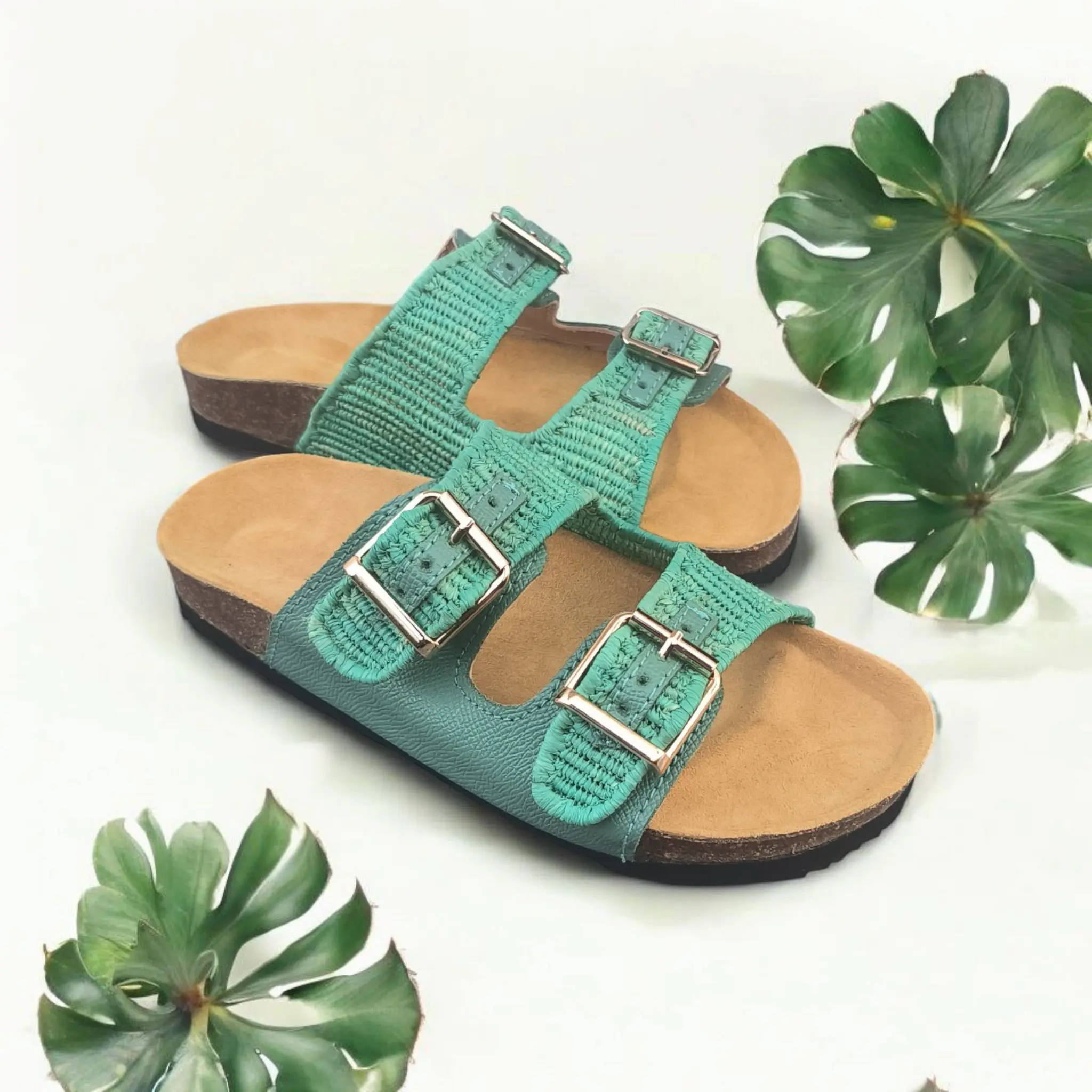 green flower shadow raffia sandals – Boho Moroccan Raffia Sandals | Lightweight Travel-Friendly Footwear
