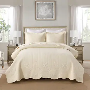 3 Pcs 100% Cotton Embroidered Bedspread Set with Floral Stitching & Scalloped Edge