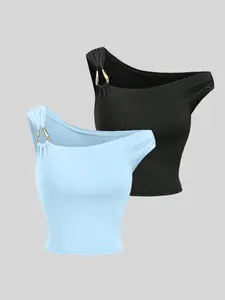Stylish Casual Minimalist metal buckle elegant irregular off-shoulder sleeveless vest two-piece set Womenswear