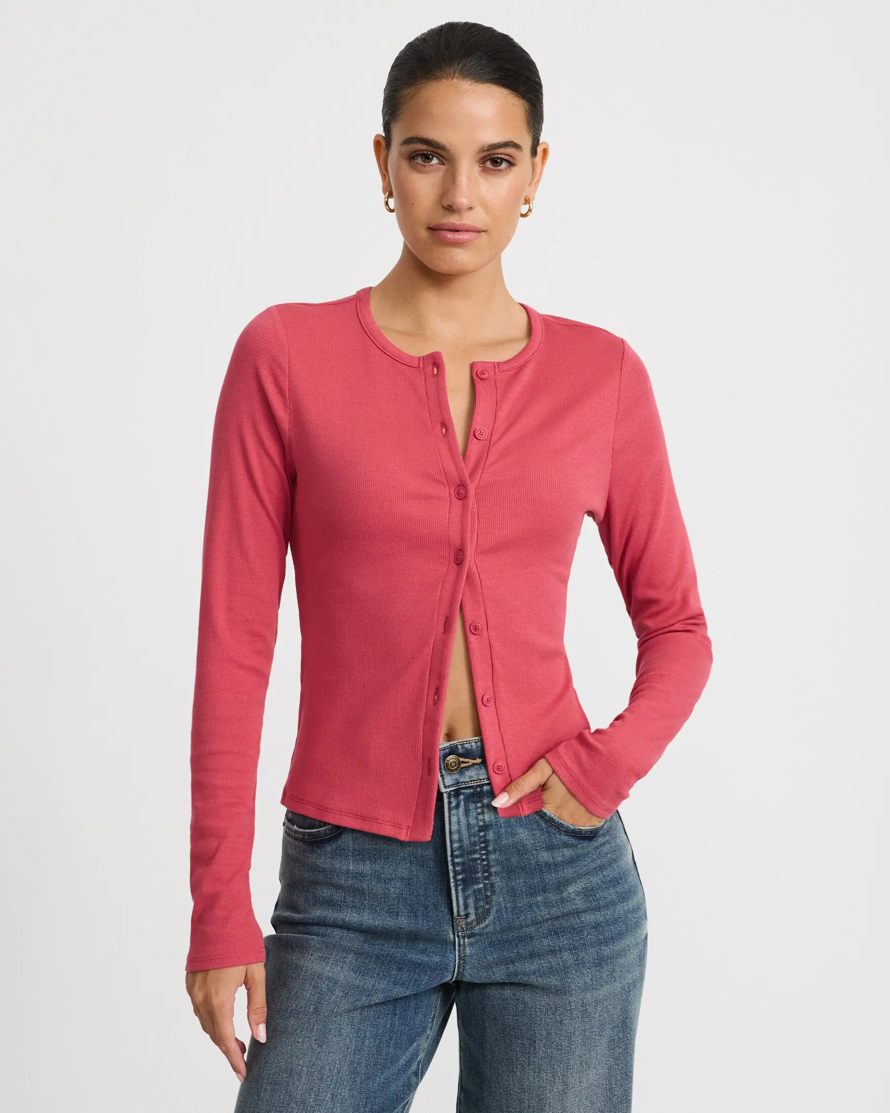 Express Ribbed Crew Neck Long Sleeve Cardigan, Spandex, Knitwear