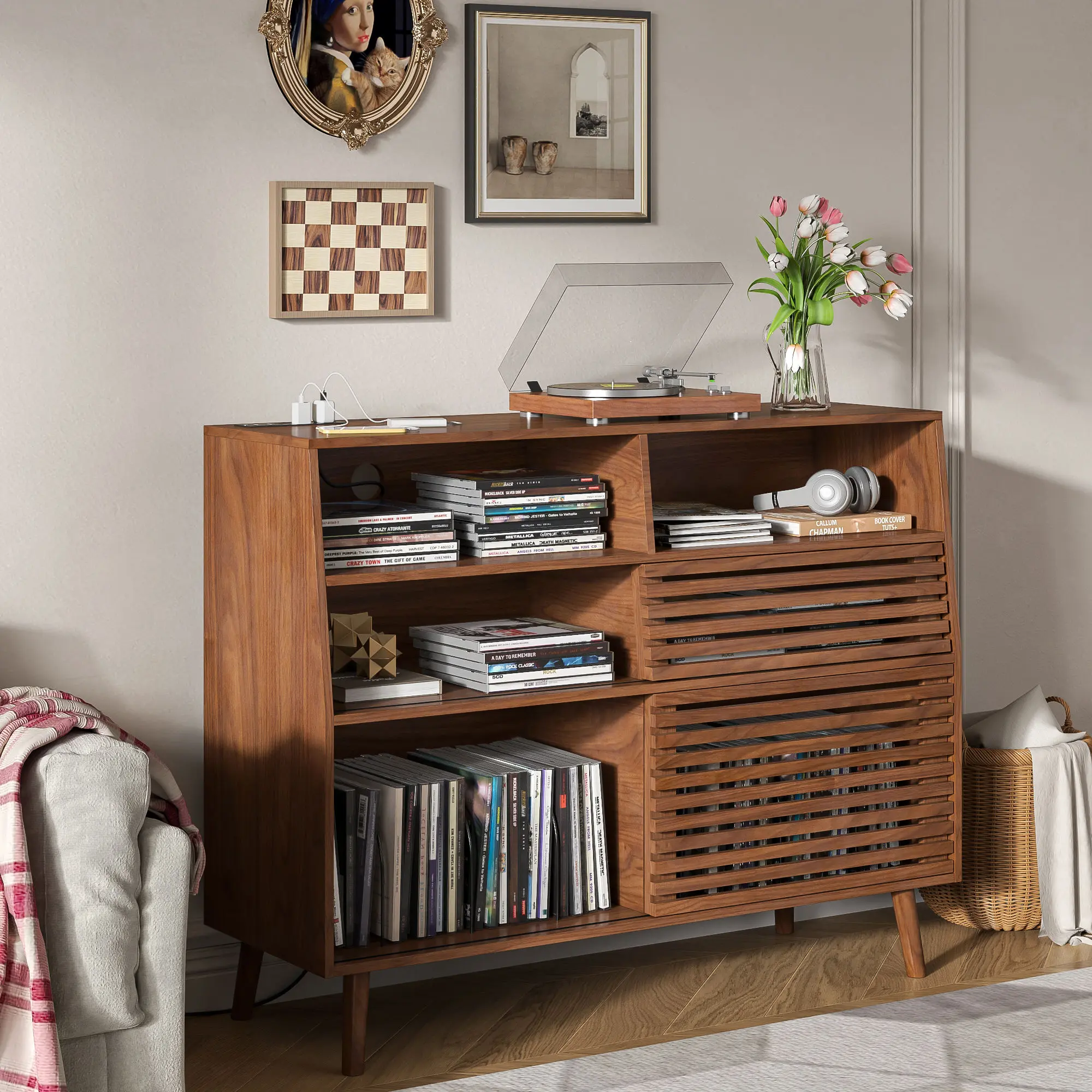 Mid-Century Wood Record Player Stand - Record Holder with 450