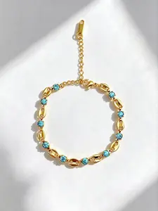 18K Gold Plated Oval Link Chain Bracelet for Women, Dainty Clear & Blue Cubic Zirconia Inlaid Paperclip Bracelet, Hypoallergenic Stainless Steel Adjustable Waterproof Stackable Tennis Bracelet, Tarnish Resistant Jewelry Gift for Her Daily Wear Party