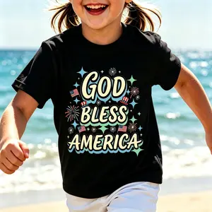 Kids God Bless America T-Shirt 4th July Tee Cotton Short Sleeve for Casual Summer