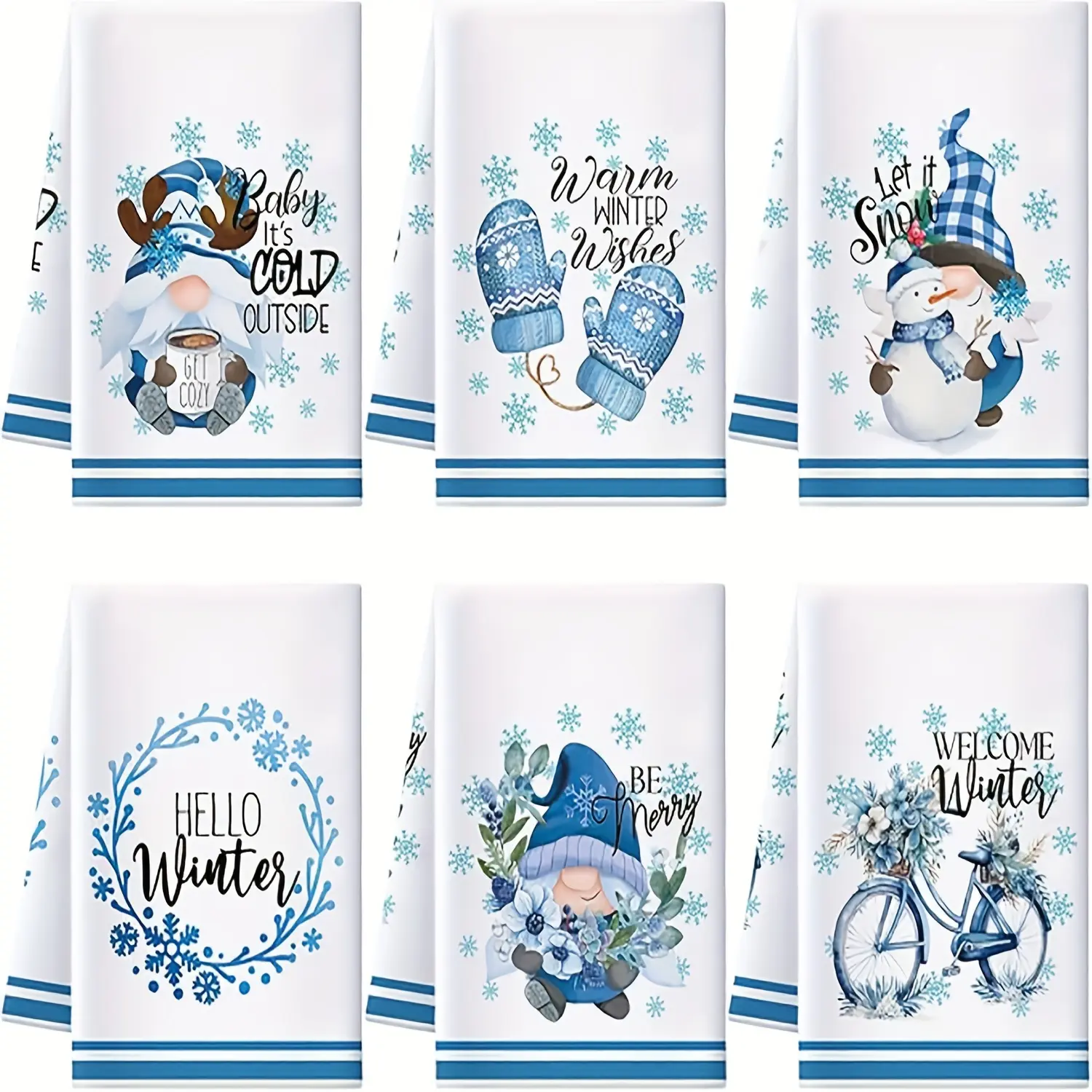 Set of 6 Christmas Kitchen Towels, Winter Snowman Design Dish Cloths, Blue Snowflake Tea Towels, Holiday Hand Dryer Towels, Home Decor