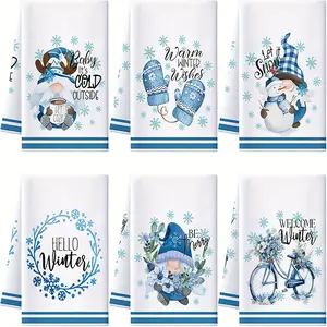 Set of 6 Christmas Kitchen Towels, Winter Snowman Design Dish Cloths, Blue Snowflake Tea Towels, Holiday Hand Dryer Towels, Home Decor