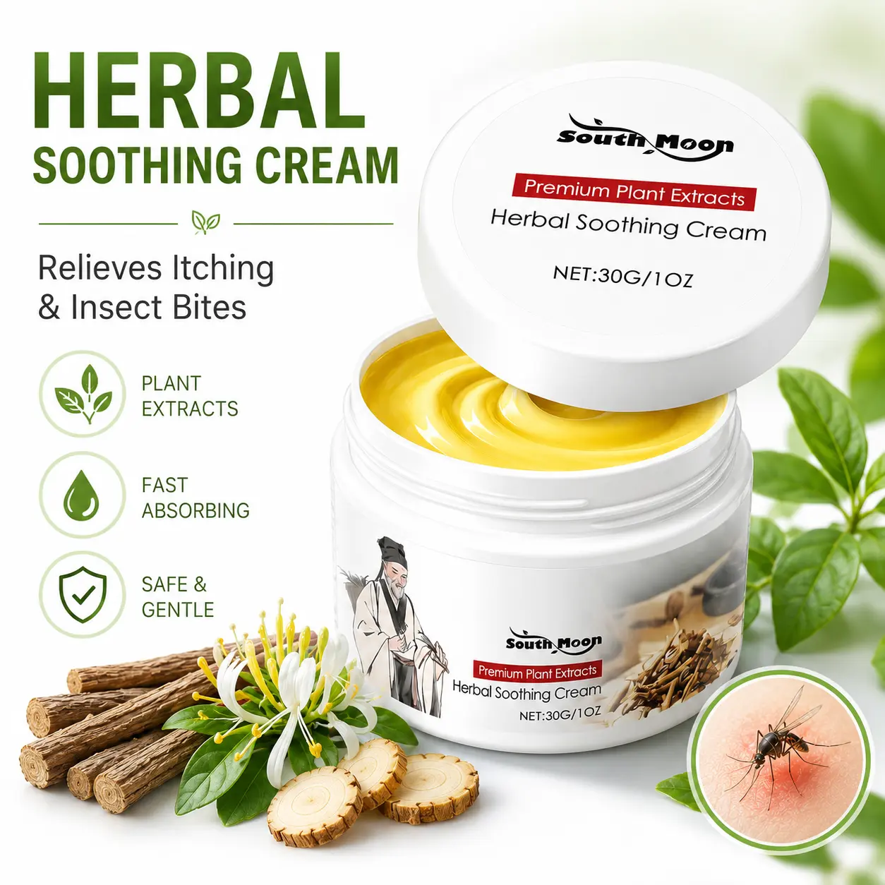 30g Herbal Soothing Anti-Itch Cream - Premium Plant Extract Balm for Itching, Insect & Mosquito Bites, Fast-Absorbing Gentle Care for All Adults (Male, Female) - Outdoor Camping Use
