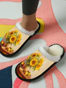 Van Gogh Sunflower Oil Painting Cotton Slippers, Artistic Vintage Style, Fleece Lined Warm Inner Sole, Unisex Home Slippers