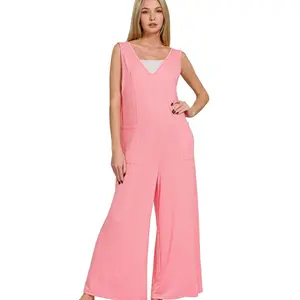 Zenana French Terry Deep V Neck Jumpsuits