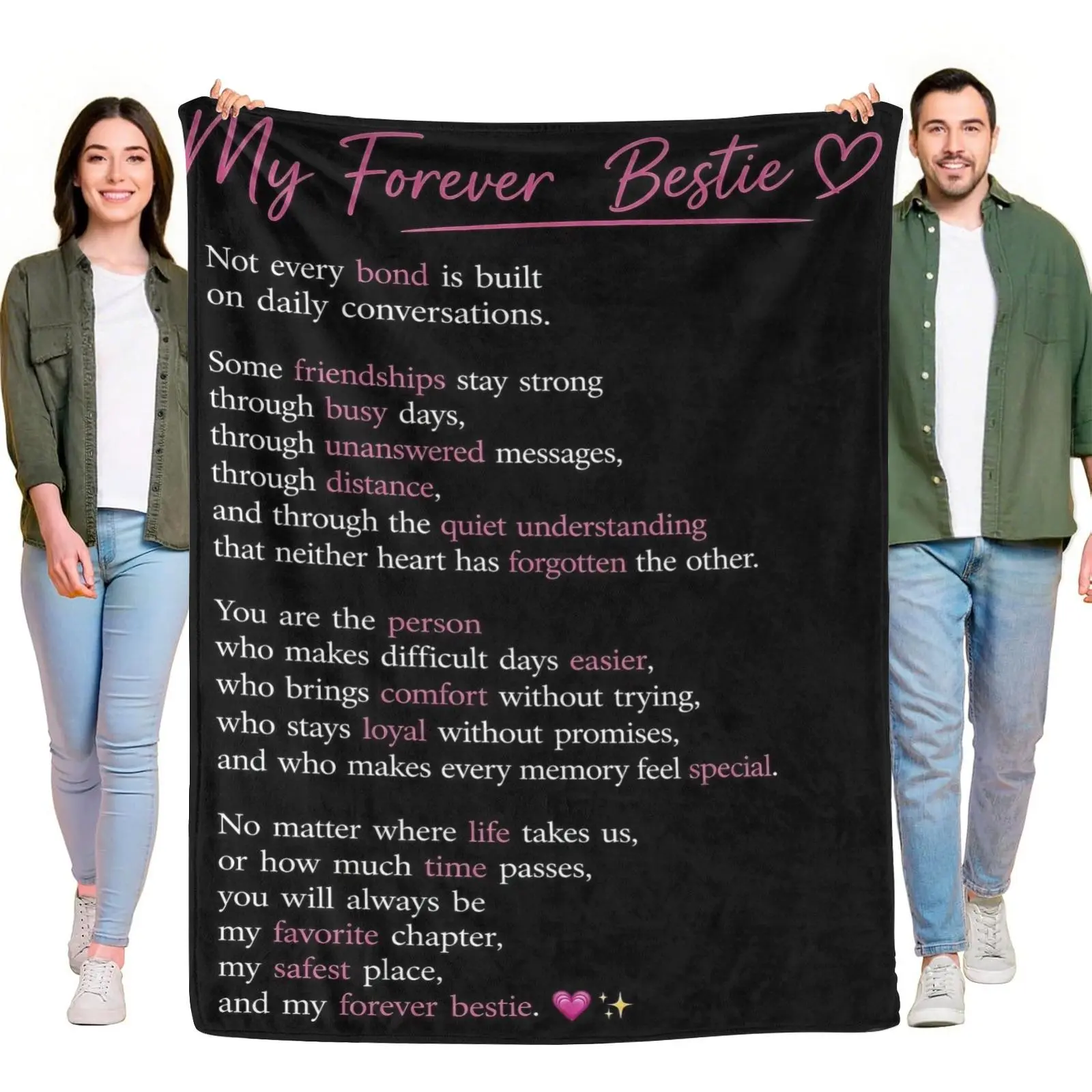 My Forever Bestie Black Background Friendship Quote Flannel Throw Blanket, Long Distance Best Friend Comfort Blanket