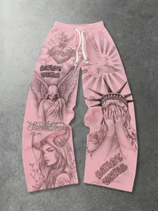 Full Print Angel Jesus Pants 2026 Spring/Fall Men's Leggings, Statue of Liberty Print Print Men's and Women's Long Pants, Pink Fashion Streetwear Brand Sweatpants Sacred Heart Saint Sports Straight Leg Trousers, Casual Fashion Loose