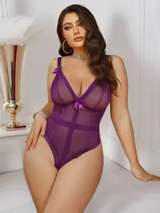 Mesh Plus Size Sexy Fitted One-Piece Bodysuit Lace Trim, Steel-Free Women's Lingerie, Halloween Performance, Christmas, Valentine's Gift